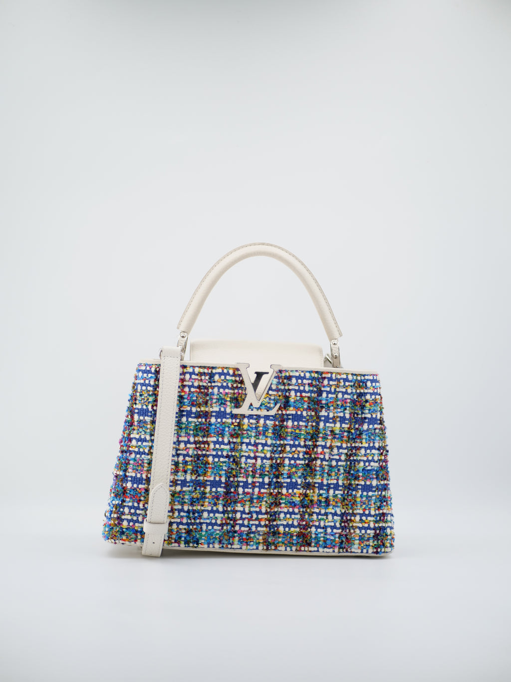 Sac a main Louis Vuitton Capucine en cuir et tweed blanc