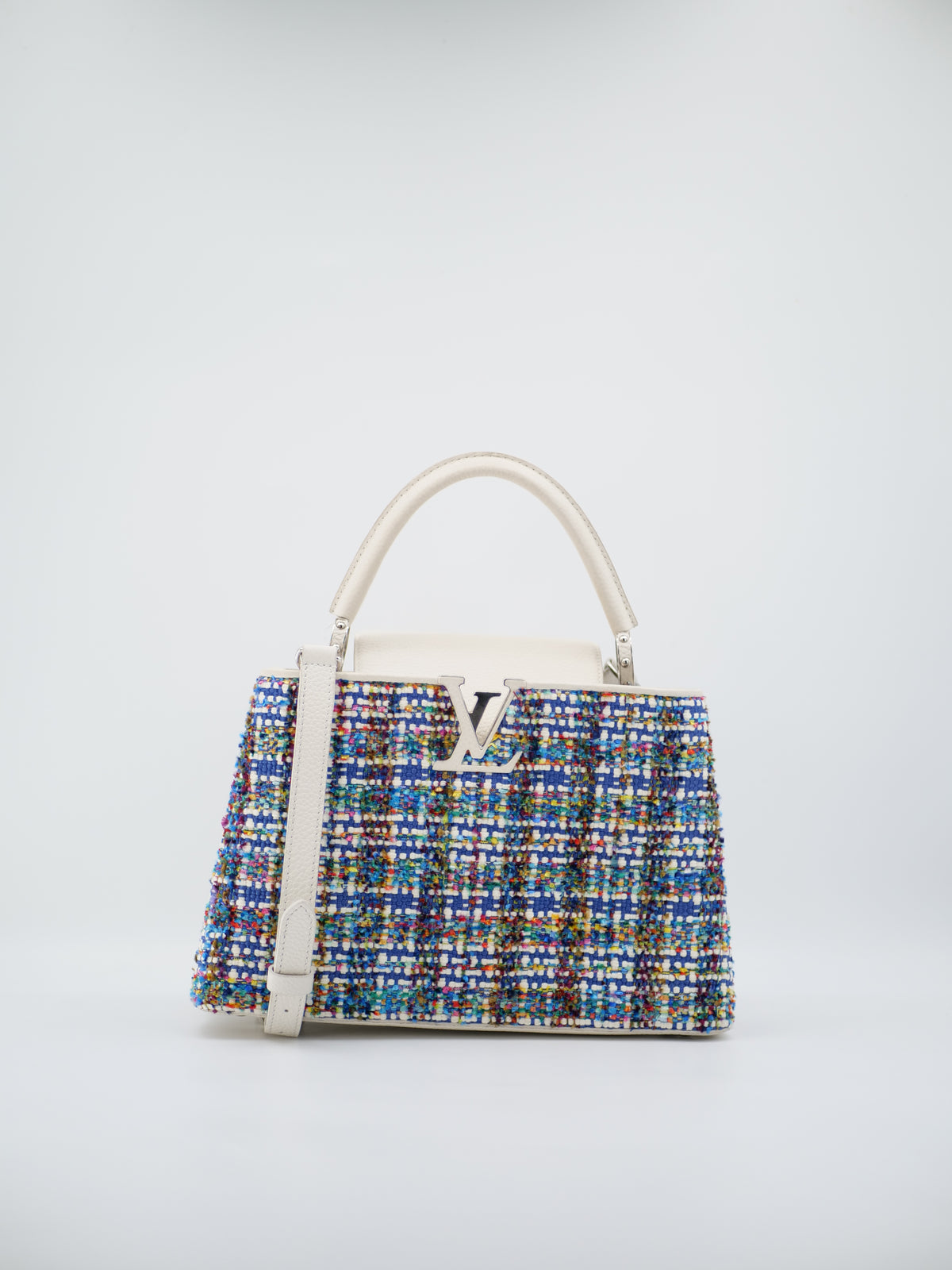 Sac a main Louis Vuitton Capucine en cuir et tweed blanc